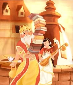 a painting of a man and woman with books on their shoulders