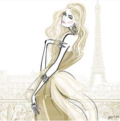 a drawing of a woman with long blonde hair in front of the eiffel tower