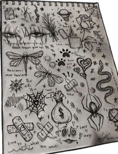 a black and white drawing of various items on a sheet with writing in the middle