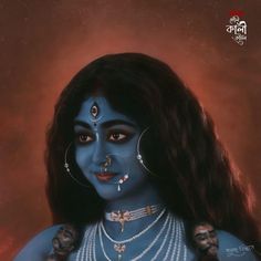 a painting of a woman with blue makeup and jewelry