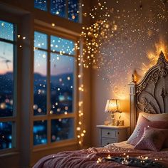 The combination of lights, decorations, and the wooden furniture creates an inviting atmosphere filled with warmth and holiday cheer. Lights Room, Fall Bedroom