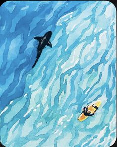 two people are in the water with surfboards and an orca whale is above them