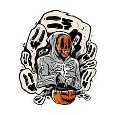 a skeleton sitting on top of a pumpkin in front of a skull with an orange face