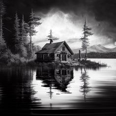 a black and white photo of a house on the water with trees in the background