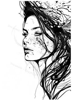 a black and white drawing of a woman's face with her hair blowing in the wind