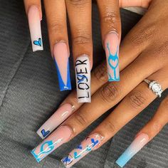 Long Acrylic Nail Designs, Blue Acrylic Nails, Colored Acrylic Nails, Fake Nails With Glue, Long Acrylic Nails Coffin, Coffin Nails Long