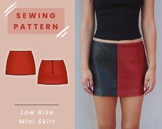 a woman wearing a black top and red skirt with the words sewing pattern below it