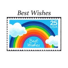 a stamp with the words best wishes on it and a rainbow in the sky above