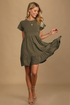 Olive Babydoll Dress - Tiered Babydoll Dress - Green Mini Dress - Lulus Fall Olive Green Dress, Cute Dresses Casual Modest Short, Juniors Dresses Casual, Olive Green Sundress, Farmhouse Fashion Clothes, Olive Green Dress Outfit Summer, Western Casual Dresses, Teacher Dresses Elementary, Sage Green Dress Casual