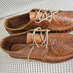 Brand New Handmade Boy Size 2 Shoes Handmade Brown Slip-on Moccasins, Handmade Brown Casual Moccasins, Brown Leather Shoes With Woven Sole And Round Toe, Casual Leather Shoes With Woven Sole And Round Toe, Artisan Leather Shoes With Stitched Sole And Round Toe, Casual Leather Shoes With Woven Sole, Handmade Leather Moccasins With Round Toe, Handmade Casual Leather Shoes With Closed Toe, Brown Huaraches With Textured Sole And Round Toe