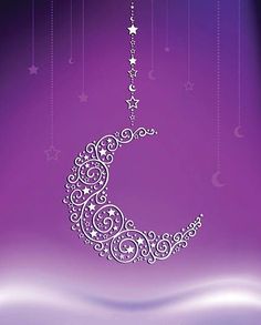 a purple background with a crescent and stars hanging from it