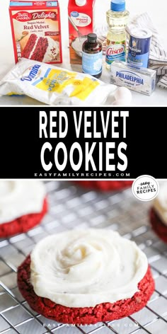 red velvet cookies on a cooling rack with frosting