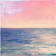 an oil painting of the ocean with pink and blue clouds in the sky above it