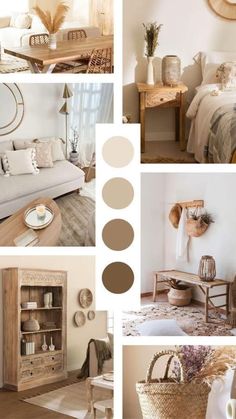 a collage of different rooms with furniture and decor in neutral colors, including white walls