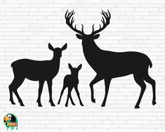 the silhouettes of two deer and their baby are shown against a brick wall