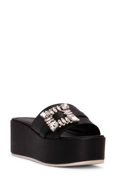 A jewel-encrusted buckle at the vamp makes a glam statement on a leather slide sandal set on a cushioned footbed and chunky platform sole. 2 1/2" platform Memory foam cushioning Leather upper and lining/synthetic sole Made in Italy Jewel Encrusted, Summer Wardrobe Essentials, Wedding Guest Shoes, Sneaker Slippers, Platform Slides, Leather Slide Sandals, Baby Boy Shoes, Chunky Platform, Boy Shoes