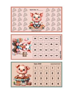 two coupons with pigs on them and numbers for each one in the bottom row