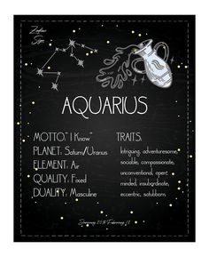 a chalkboard menu for aquarius with zodiac signs and stars in the night sky