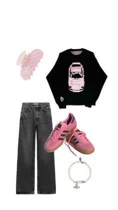 a pair of pink sneakers, black sweatshirt and jeans are featured in this image with accessories