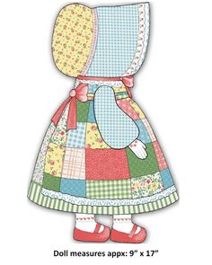 the doll is wearing a colorful dress and red shoes, with an apron on it