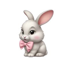 a small white rabbit with a pink bowtie on its head and ears, sitting in front of a white background