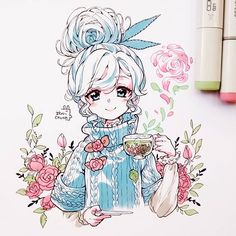 a drawing of a girl holding a cup with flowers around her neck and wearing a blue dress