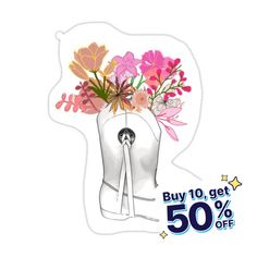 a white vase filled with lots of flowers on top of a sticker that says buy 10 get 50 % off