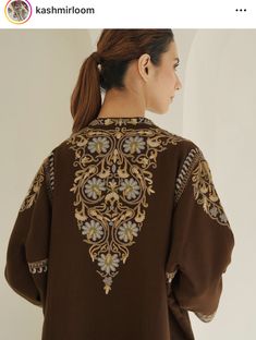 Luxury Designer Embroidered Neckline Kurta, Transitional Embroidered Dress With Dabka Work, Luxury Embroidered Chanderi Top, Designer Embroidered Neckline Tunic Kurta, Kashmiri Neck Embroidery, Long Kurti Patterns, Embroidery Suits Punjabi, Designer Bridal Lehenga Choli, Latest Dress Design