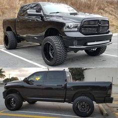 two pictures side by side of a black dodge ram truck and the same one in different photos