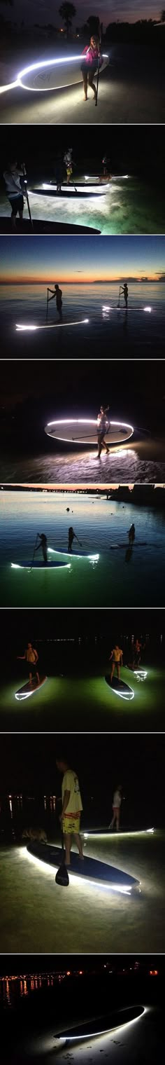 four different shots of people on surfboards in the water at night and light up