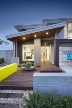 an image of a modern house at night with lights on and plants in the foreground