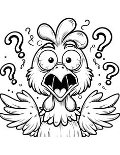 an angry bird with question marks on it's chest and wings, black and white