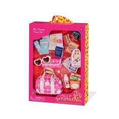 the doll is in its pink box with her purse and other items on it's side