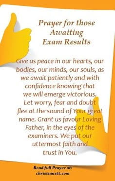 a paper with the words prayer for those awaiting exam results on it and an orange background