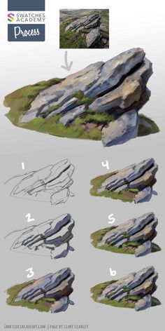 How To Paint a Rock Process Digital Landscape Painting Tutorial, Rock Art Reference, Stone Digital Painting, Rocks Digital Painting, Rock Tutorial Digital, Painting Study Ideas, Digital Art Rock Tutorial, Rock Digital Art, How To Draw Concept Art