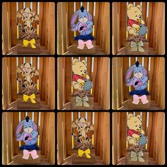 many pictures of winnie the pooh sitting in a chair