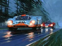 two race cars driving down the road in the rain