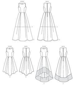 four different types of dresses, one with an open back and the other with short sleeves