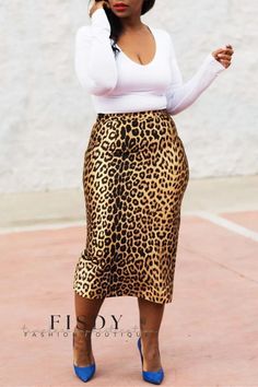 Fisdy - Falda lápiz de cintura alta con estampado de leopardo y diseño de panel completo para mujer Leopard Pencil Skirt, Leopard Print Fashion, Leopard Print Skirt, Full Length Skirts, High Waisted Pencil Skirt, High Waist Skirt, Black Midi, Casual Skirt, Skirt Pattern