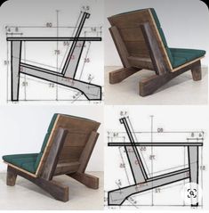 three different views of a wooden chair with green fabric on the back and sides, including measurements