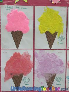 four ice cream cones with different colors on them