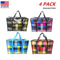 four different colored plaid bags with handles