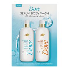 New Dove Serum Shower Collection is infused with active skin care ingredients to supercharge your body care routine. Quench thirsty skin with hydrating serum and hyaluronic acid, help prevent acne with acne clearing salicylic acid treatment, or recharge skin’s glow with brightening serum and vitamin C. Dove Hydration Boost Serum Body Wash for dehydrated skin, with 6% hydrating serum and hyaluronic acid, instantly takes skin from dry to dewy for 24-hours of silky softness. This creamy body wash transforms into velvety foam, filling your shower with notes of dewy freshness and soft florals. Dove Glow Recharge Body Wash, formulated with a 3% brightening serum with exfoliating minerals and Vitamin C, takes your skin from dull and uneven to illuminated and refined. This exfoliating gel body was Acne Clearing, Skin Care Ingredients, Dove Body Wash, Gentle Skin Cleanser, Shower Collection, Hyaluronic Acid Serum, Hydrating Serum, Body Care Routine, Clear Acne