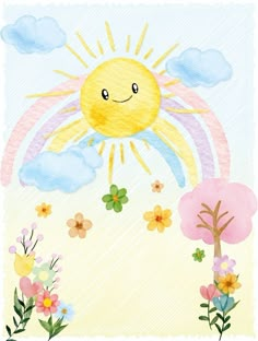 a drawing of a sun with flowers and clouds in the background