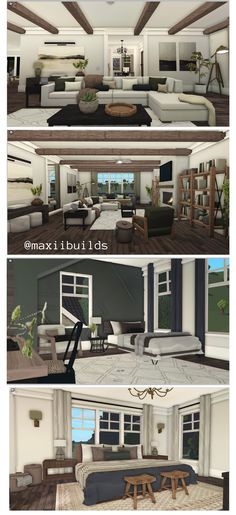 three different views of a living room with couches, tables and other furniture in it