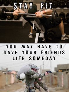 two people doing squats in front of a gym bench with the caption stay fit you may have to save your friends life somebody