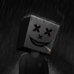 a person standing in the rain with a box on their head that has faces drawn on it