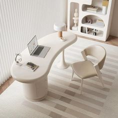 a white desk with two chairs and a laptop on it