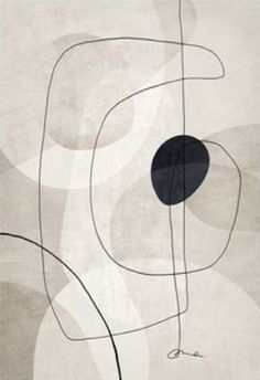 an abstract painting with black circles and lines on the bottom half of it, against a light gray background