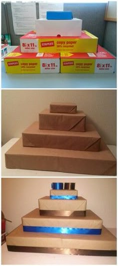 three pictures of boxes stacked on top of each other with blue tape around the edges